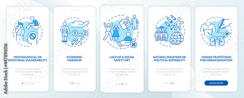Human trafficking factors onboarding mobile app page screen. Factors of human trade walkthrough 5 steps graphic instructions with concepts. UI, UX, GUI vector template with linear color illustrations