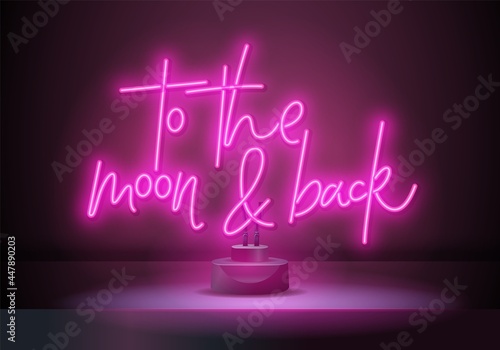 To the moon abd back pink neon sign on stand. Night Moon neon sign. Neon hearts sign, bright signboard, light banner.