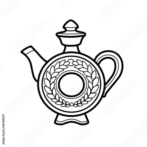 Russian traditional round earthenware jug for kvass outline for coloring on a white background