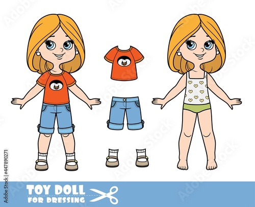 Cartoon girl with bob hairstyle in underwear , dressed and clothes separately -  t-shirt with a penguin, denim breeches and sandals doll for dressing