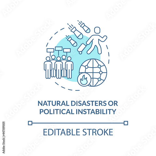 Natural disasters or political instability blue concept icon. Reason of slavery and trafficking abstract idea thin line illustration. Vector isolated outline color drawing. Editable stroke