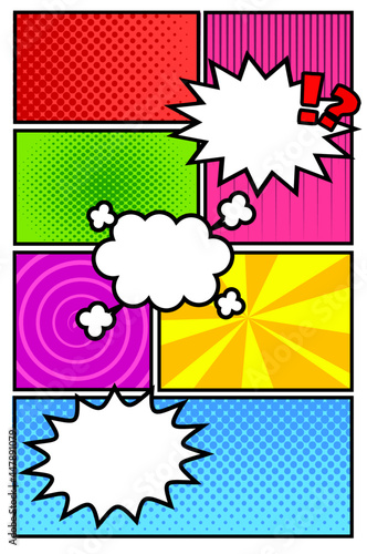 Comic book page.Background or wallpaper pop-art style.Set of speech bubbles.Colorful template or layout.Cartoon comic.Banner flat design.Vector illustration.Sign, symbol, icon or logo.