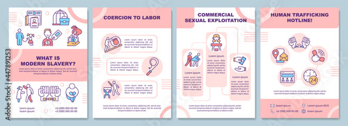 Types of modern slavery and exploitation brochure template. Flyer, booklet, leaflet print, cover design with linear icons. Vector layouts for presentation, annual reports, advertisement pages photo