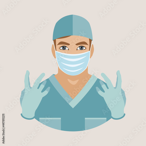 Avatar of a young male surgeon in a medical mask and cap holds his gloved hands up. Before the operation. Vector flat illustration.