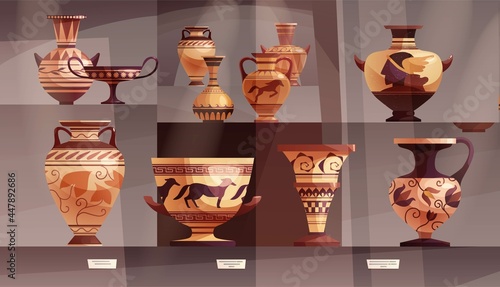 Antique Greek vase with decoration. Ancient traditional clay jar or pot for wine. Vector cartoon illustration.