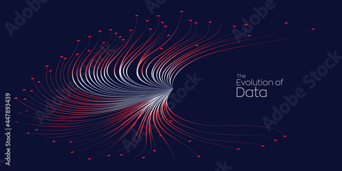 Evolution of data. Vector explosion motion dot lines background. Small particles strive out of center. vector illustration use for quantum technology, digital, science, music, communication.
