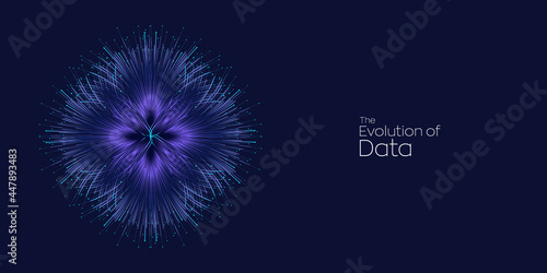 Evolution of data. Vector explosion motion dot lines background. Small particles strive out of center. vector illustration use for quantum technology, digital, science, music, communication.
