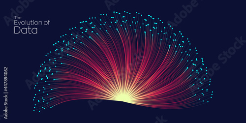 Evolution of data. Vector explosion motion dot lines background. Small particles strive out of center. vector illustration use for quantum technology, digital, science, music, communication.

