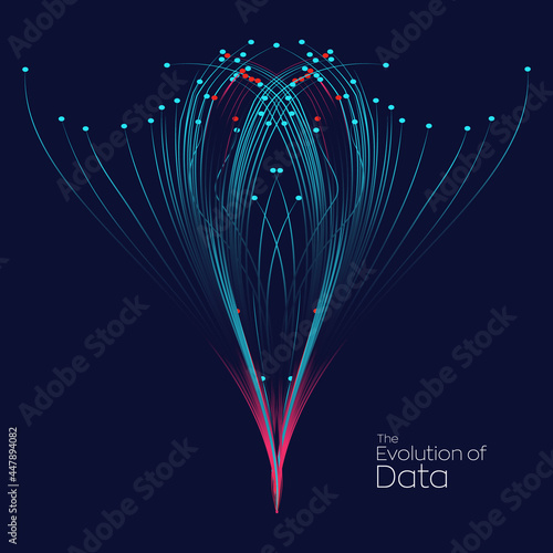 Evolution of data. Vector explosion motion dot lines background. Small particles strive out of center. vector illustration use for quantum technology, digital, science, music, communication.
