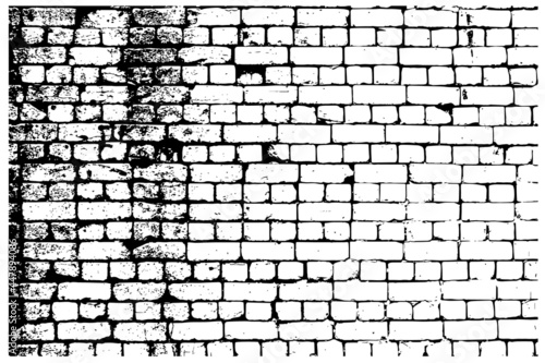 Black and white vector illustration of a brick wall. Realistic Abstract Architectural background with halftones. Old facade wall.