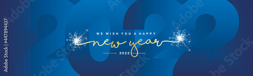 We wish you Happy New Year 2022 line designed handwritten lettering white blue background with sparkle firework