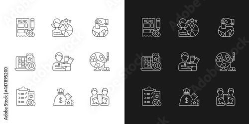 Gambling game types linear icons set for dark and light mode. Quiz show. Keno game. Raffle. Lottery agent. Customizable thin line symbols. Isolated vector outline illustrations. Editable stroke
