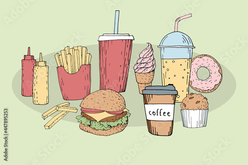 Junk food tasty doodle illustration set. Colorful sketch hamburger soda ice cream fat and sweet isolated graphic. Hot coffee to go unhealthy snacks disease risk vector