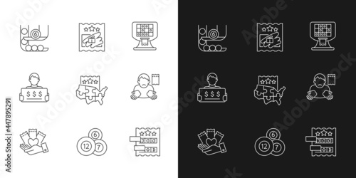 Lottery games types linear icons set for dark and light mode. Ball draw machine. Scratch cards. Multi-state game. Customizable thin line symbols. Isolated vector outline illustrations. Editable stroke