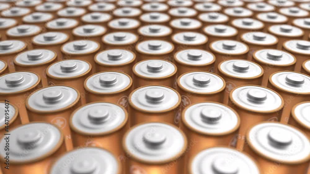 Tracking loopable shot of large pack of batteries with soft focus. 3D rendered macro pan of AA energy cells moving left. Tracking loopable shot of large pack of batteries with soft focus. 3D rendered macro pan of AA energy cells moving left.