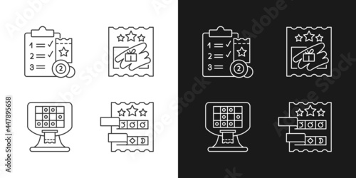 Lottery conduction linear icons set for dark and light mode. Lotto session program. Electronic gambling machine. Customizable thin line symbols. Isolated vector outline illustrations. Editable stroke