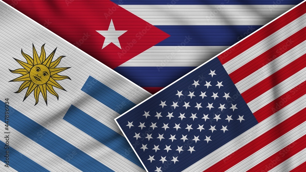 Cuba United States of America Uruguay Flags Together Fabric Texture Effect Illustration Cuba United States of America Uruguay Flags Together Fabric Texture Effect Illustration
