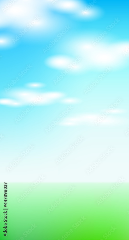 Blue realistic sky gradient. Nature landscape outdoor background. Ecology green grass field blur. Sunny weather white clouds vector illustration Blue realistic sky gradient. Nature landscape outdoor background. Ecology green grass field blur. Sunny weather white clouds vector illustration