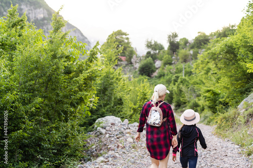 Traveling mother and daughter in the mountains of albania