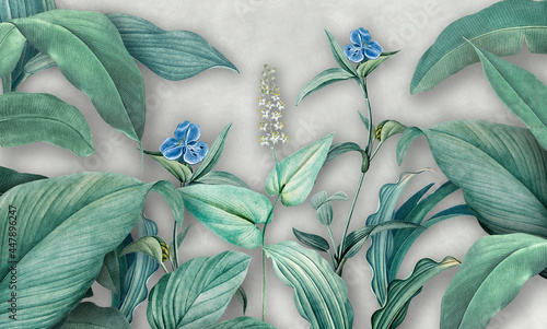 Tropical leaves with flowers. Collage 3d. Photo wallpapers for the interior.