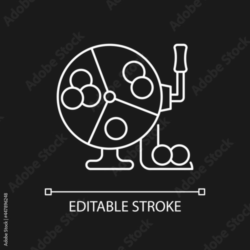 Ball draw machine white linear icon for dark theme. Drawing winning numbers for lottery game. Thin line customizable illustration. Isolated vector contour symbol for night mode. Editable stroke