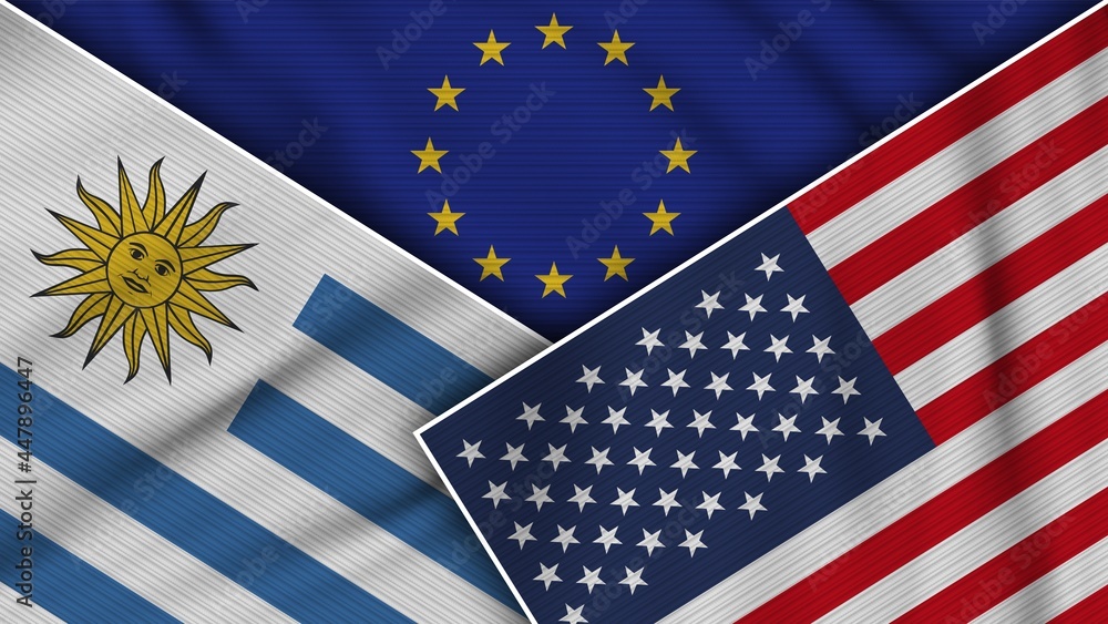 European Union United States of America Uruguay Flags Together Fabric Texture Effect Illustration European Union United States of America Uruguay Flags Together Fabric Texture Effect Illustration
