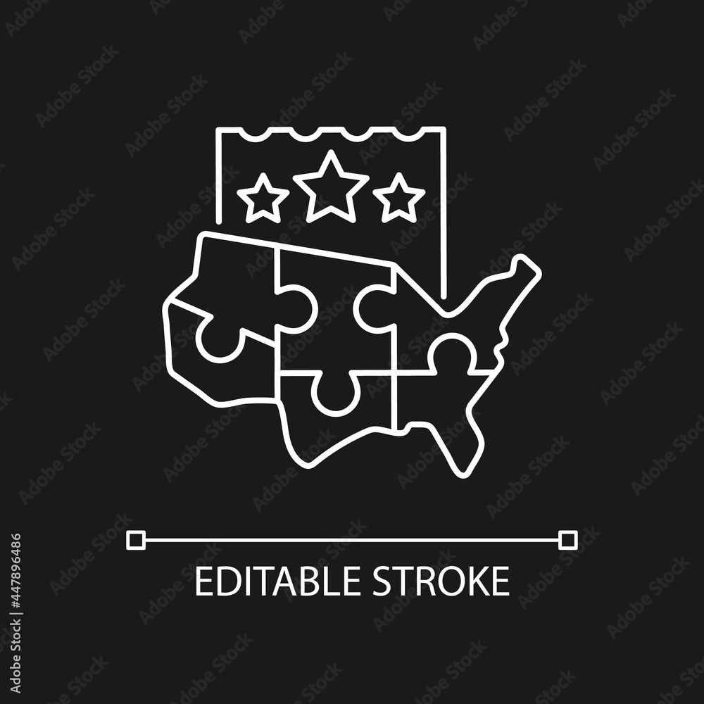 Multi-state lottery games white linear icon for dark theme. Joining multiple states for large prize. Thin line customizable illustration. Isolated vector contour symbol for night mode. Editable stroke Multi-state lottery games white linear icon for dark theme. Joining multiple states for large prize. Thin line customizable illustration. Isolated vector contour symbol for night mode. Editable stroke