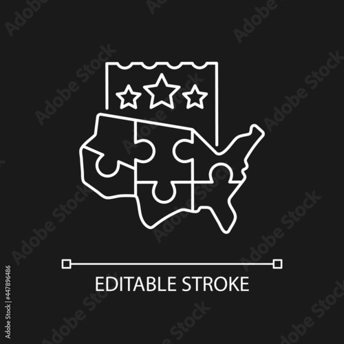 Multi-state lottery games white linear icon for dark theme. Joining multiple states for large prize. Thin line customizable illustration. Isolated vector contour symbol for night mode. Editable stroke