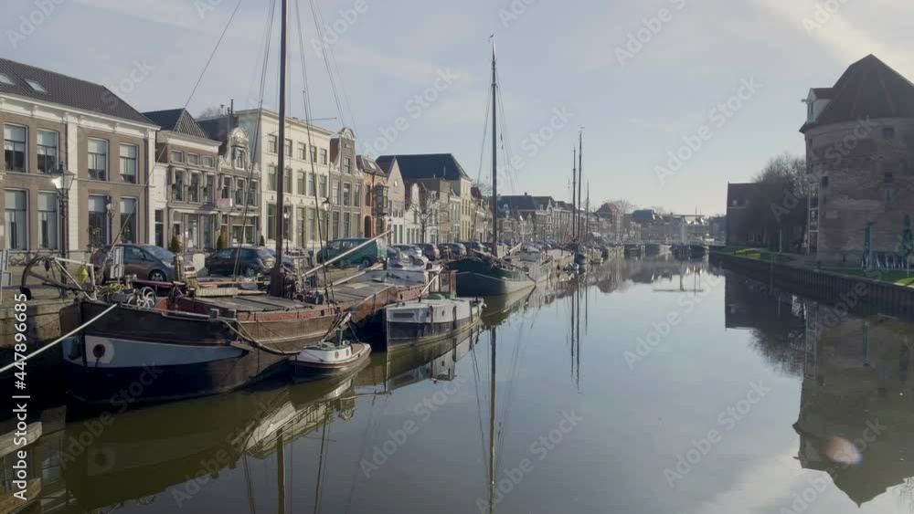 Boats moored in Thorbeckegracht canal in the center of the city of Zwolle Boats moored in Thorbeckegracht canal in the center of the city of Zwolle