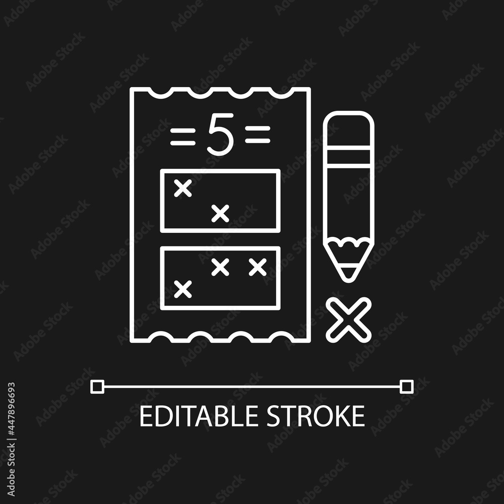 Naklejka premium Five digit lottery game white linear icon for dark theme. Choosing five numbers for combination. Thin line customizable illustration. Isolated vector contour symbol for night mode. Editable stroke