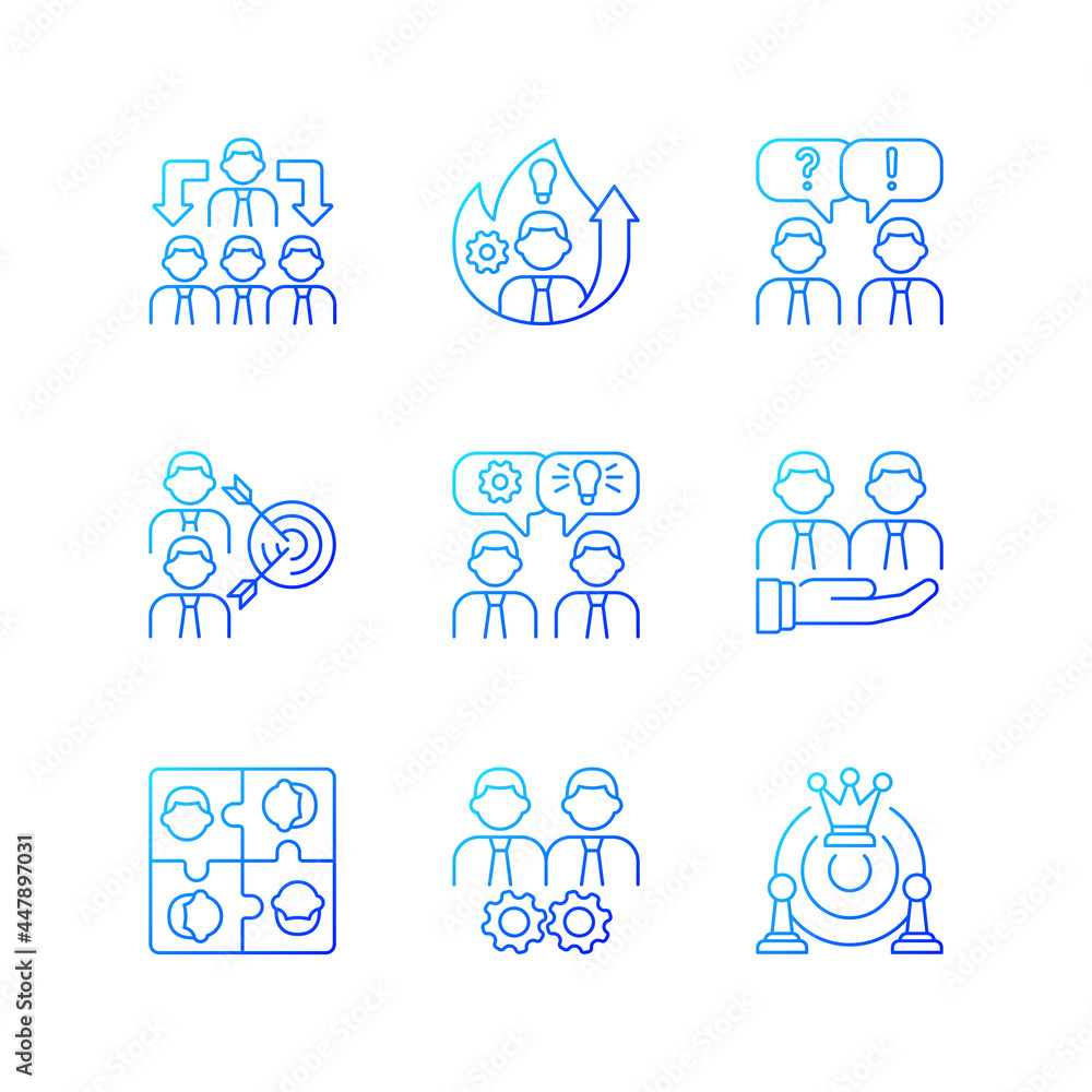 Team working gradient linear vector icons set. Business cooperation. Collective communication. Coworkers interaction. Thin line contour symbols bundle. Isolated vector outline illustrations collection Team working gradient linear vector icons set. Business cooperation. Collective communication. Coworkers interaction. Thin line contour symbols bundle. Isolated vector outline illustrations collection