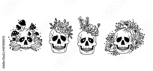 Mystical floral skull isolated clipart bundle,creepy floral boho skull collection, cactus, succulent, mushroom human skull set, horror halloween black and white vector set