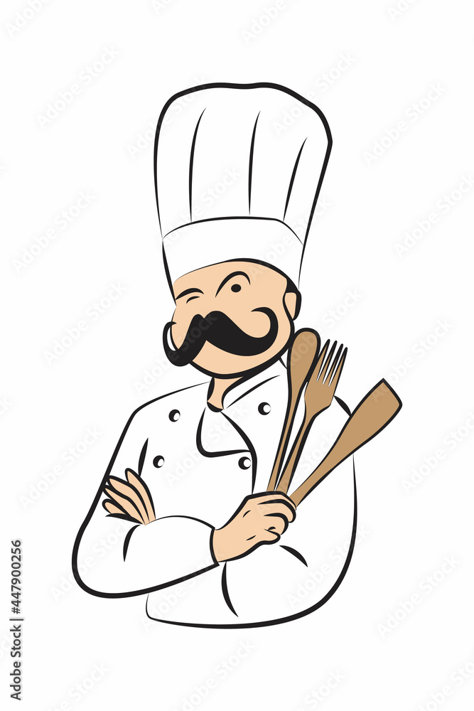 Naklejka premium Mustache Chef in hat and cooking ware with wink eyes illustration.