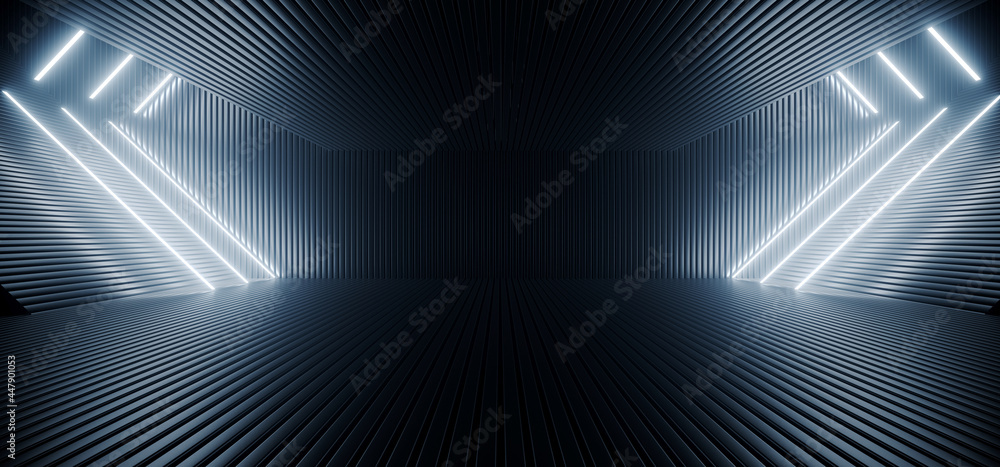 Fototapeta premium Neon Laser Blue White Led Lights Sci Fi Futuristic Modern Spaceship Dark Tunnel Corridor Hangar Garage Metal Glossy Showroom Empty Stage 3D Rendering