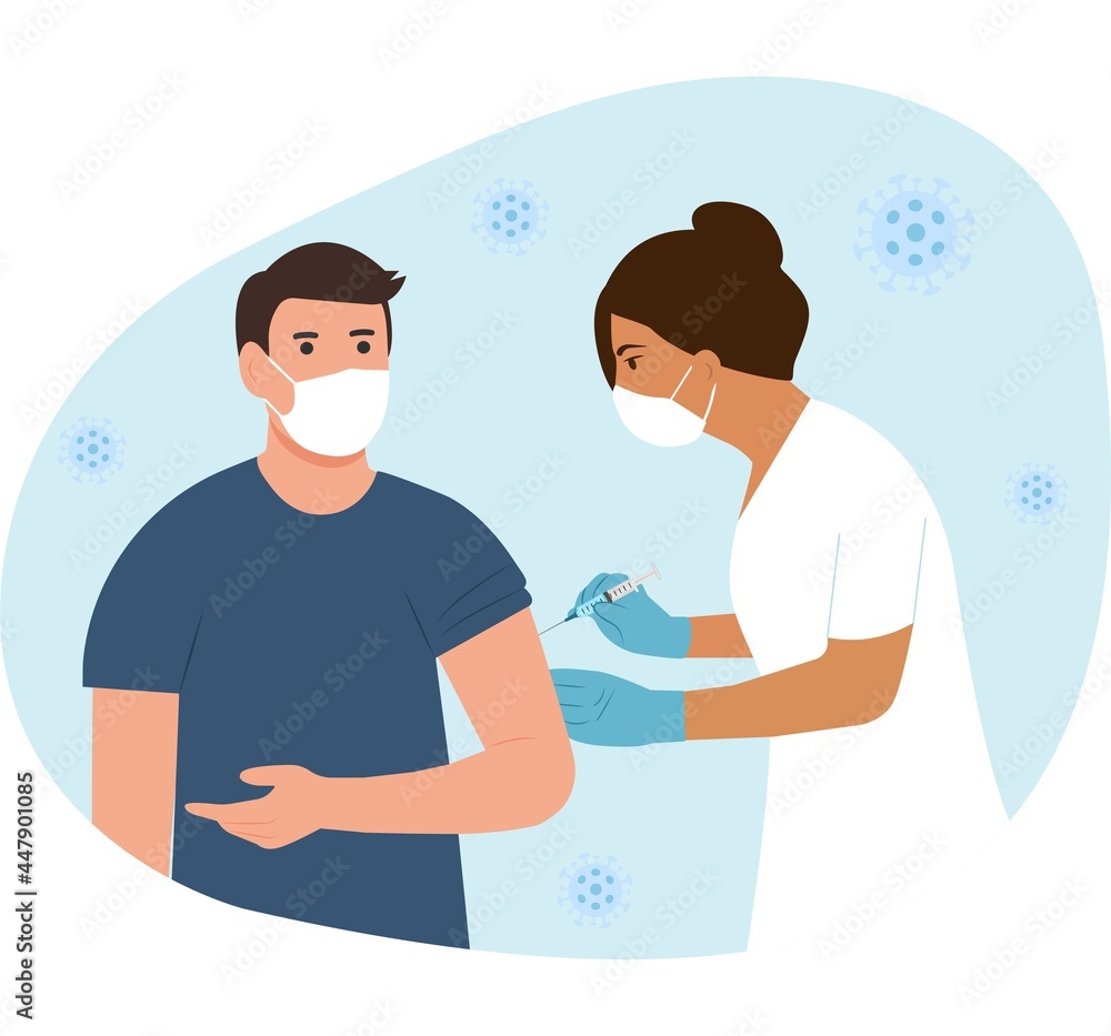 Obraz premium A doctor in a clinic giving a vaccine to a man. Vaccination adult concept. Immunization of adults, covid vaccine. Happy patient.Flat vector llustration.