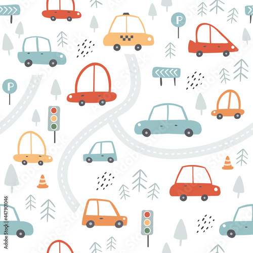 Seamless pattern with cartoon cars. Cute transport vector illustration/ Perfect for kids fabric, textile, nursery wallpaper. Hand drawn Scandinavian style.