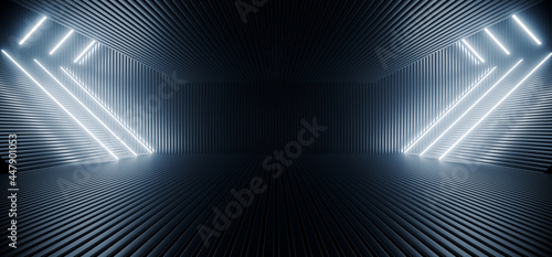 Neon Laser Blue White Led Lights Sci Fi Futuristic Modern Spaceship Dark Tunnel Corridor Hangar Garage Metal Glossy Showroom Empty Stage 3D Rendering
