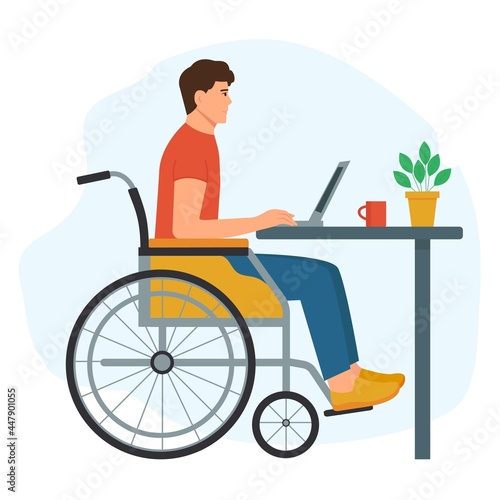 YDisabled young woman in Wheelchair Working on laptop in Home Office. Handicapped woman  at Workplace. Disabled people employment . Flat Vector Illustration.