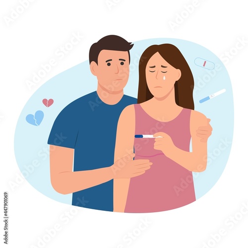 Sad couple looking at the negative pregnancy test.  Unhappy woman. Woman and man can't have a baby. Husband comforting his crying wife.Vector illustration