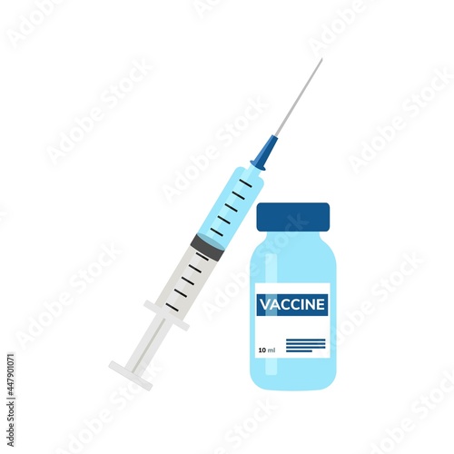 Medical disposable syringe with a needle and a vial of vaccine.Time to vaccinate.Isolated vector illustration Vaccination against covid-19 coronavirus.