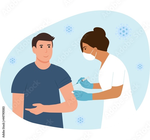 A doctor in a clinic giving a  vaccine to a man. Vaccination adult concept. Immunization of adults, covid vaccine. Happy patient.Flat vector llustration.