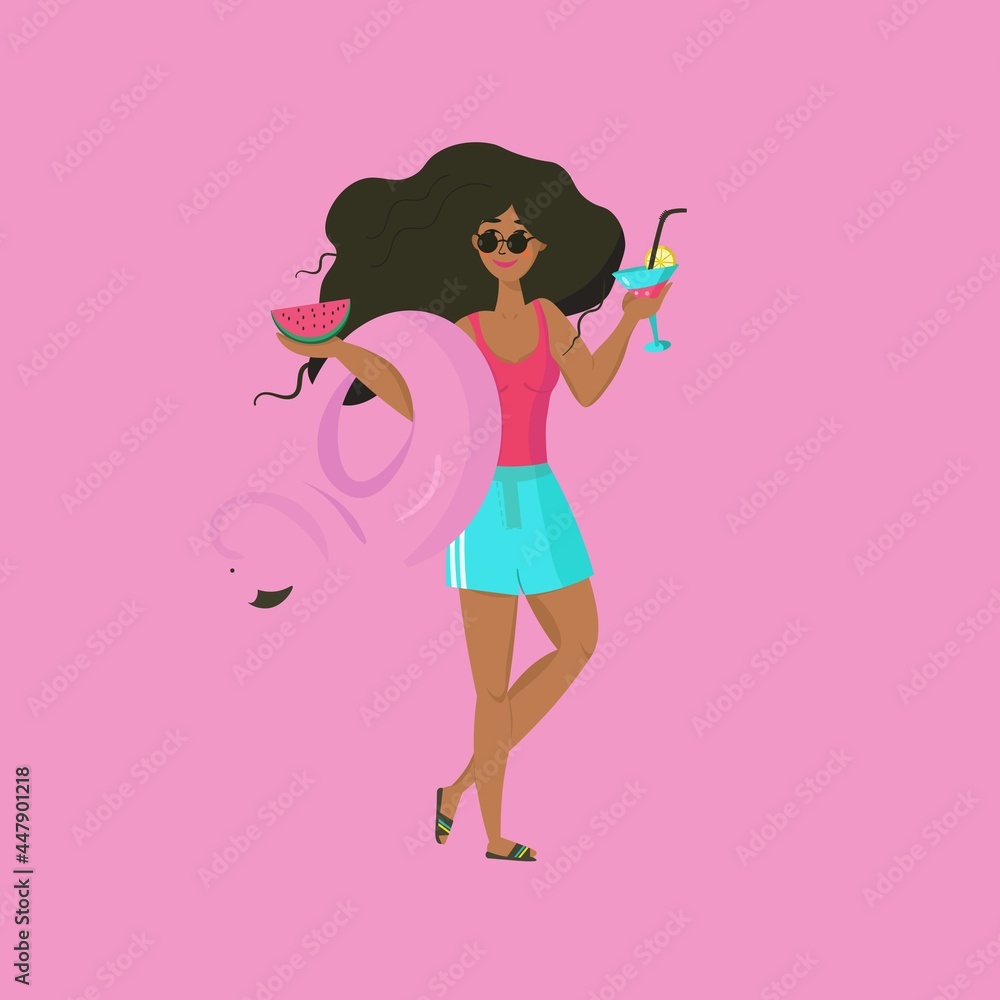 Summer time vector illustration. Happy girl on the beach with watermelon and flamingo float circle. Vocation time. Flat trendy style. Summer time vector illustration. Happy girl on the beach with watermelon and flamingo float circle. Vocation time. Flat trendy style.