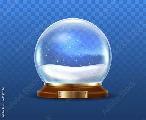 3d realistic vector Christmas snow globe, transparent glass.