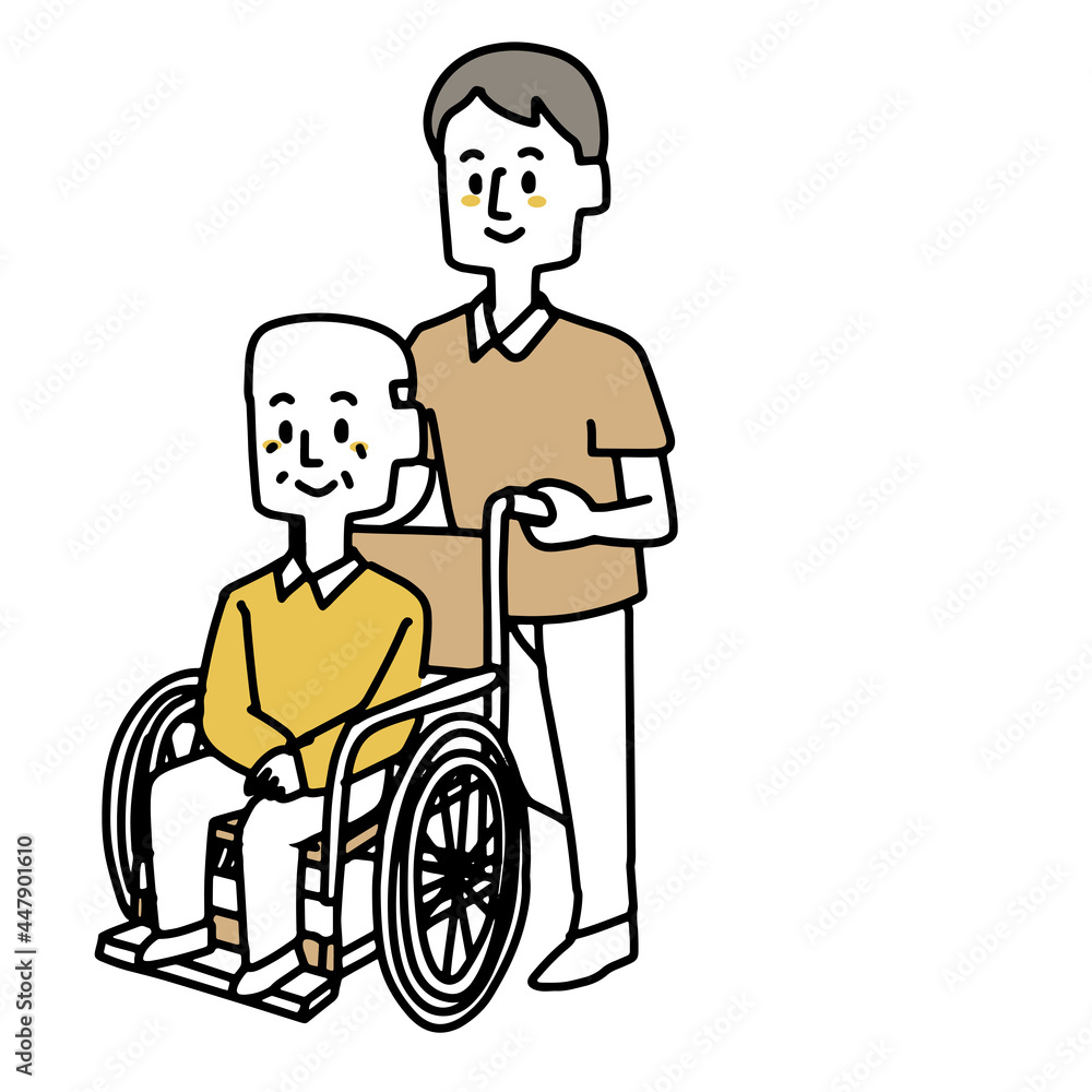 高齢男性が乗っている車椅子を押す介護士