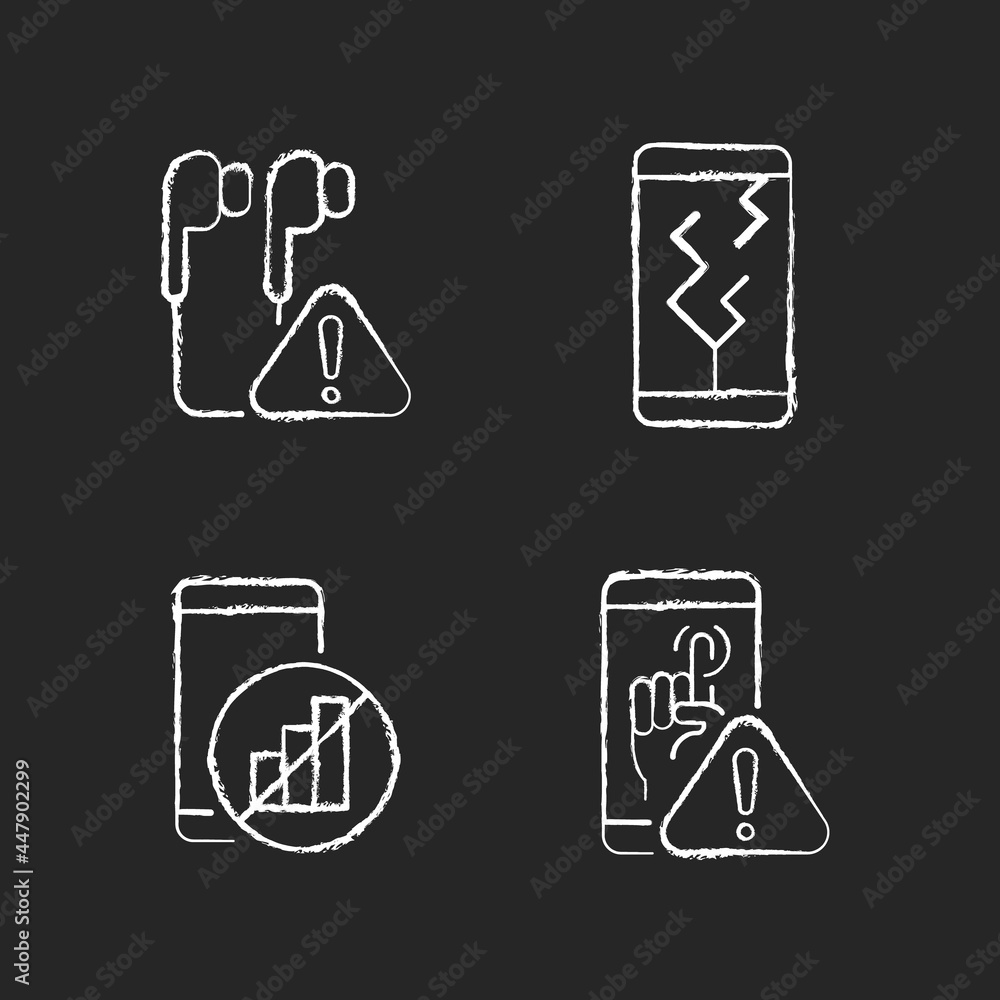 Smartphone breakdowns chalk white icons set on dark background. Earphones connection issue. Crushed phone. Network problem. Touchscreen failed. Isolated vector chalkboard illustrations on black Smartphone breakdowns chalk white icons set on dark background. Earphones connection issue. Crushed phone. Network problem. Touchscreen failed. Isolated vector chalkboard illustrations on black