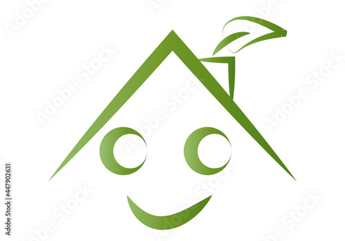 Icono de tejado de casa sonriente de color verde y eco.