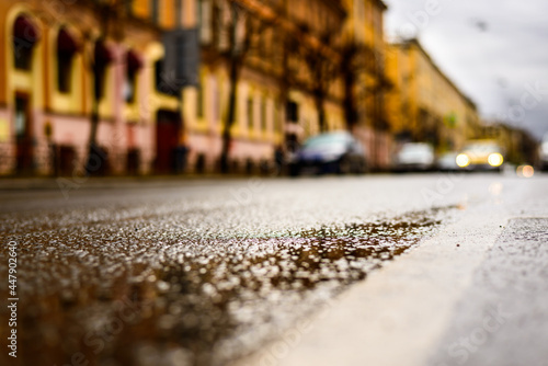 Rainy day in the big city, the headlights of the approaching car on the road. Close up view from the level of the dividing line