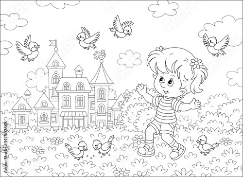 Happy little girl playing with a small flock of merry sparrows and titmice in a summer park of a pretty small town, black and white outline vector cartoon illustration for a coloring book page