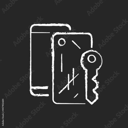 Scratched housing chalk white icon on dark background. Damaged mobile phone case and housing. Defective device. Removing scratches from cellphone. Isolated vector chalkboard illustration on black