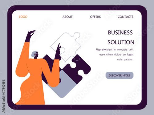 Businesswoman assembling together jigsaw puzzle pieces. Work organisation management banner, web landing page. Business solution. Trendy characters for web or ui design. 